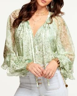 Ramy Brook Printed Reed Tie Front Long Sleeve Blouse